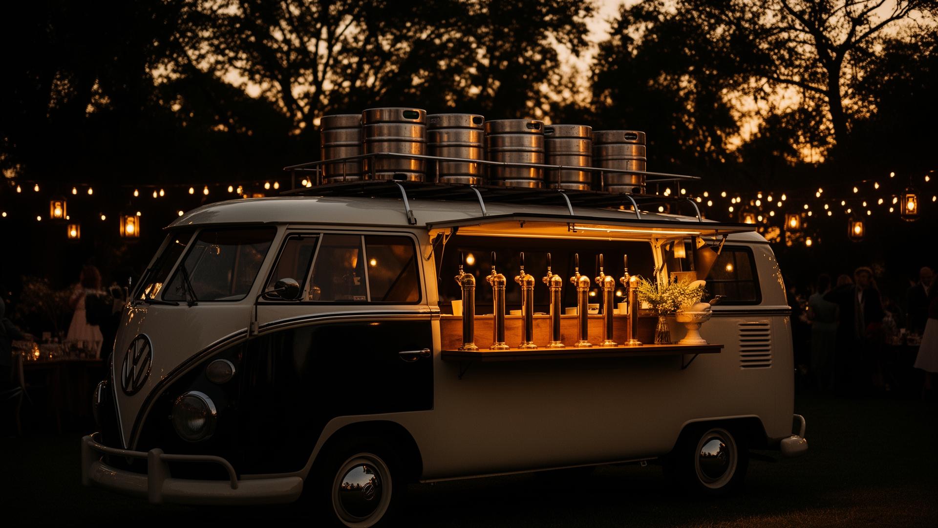Kombi vintage com chopeiras servindo chopp em casamento ao entardecer