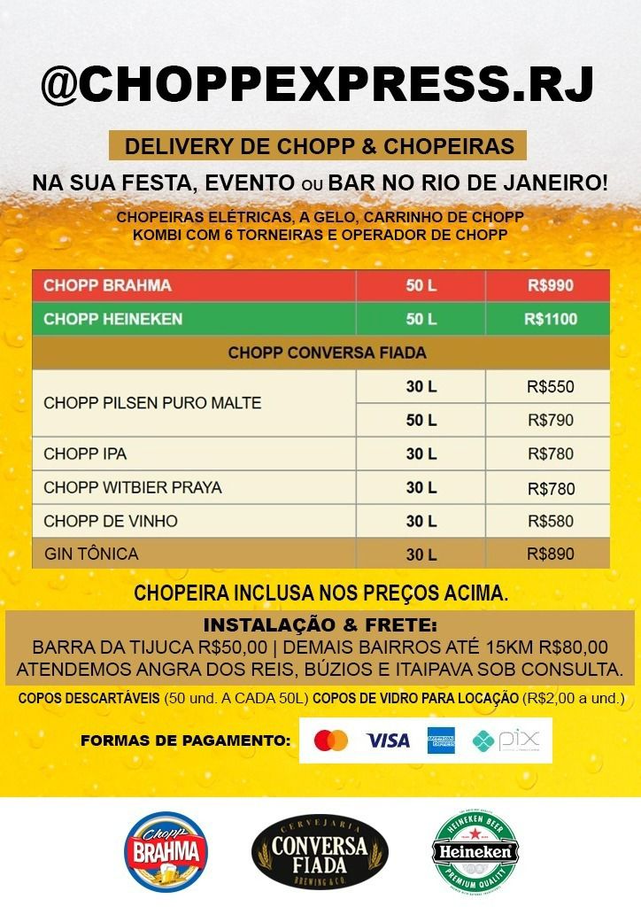 Tabela completa de preços Chopp Express RJ: Brahma, Heineken e Conversa Fiada